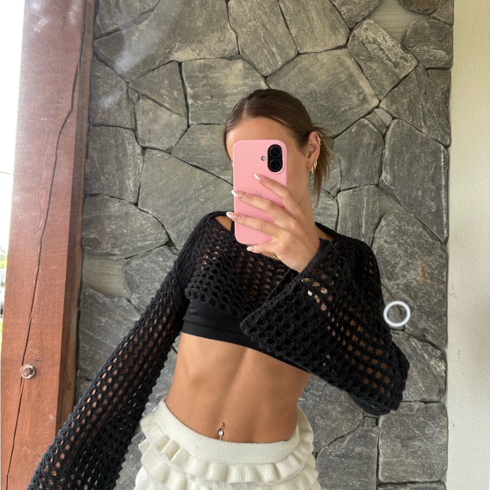 Black Mesh Knit Crop Top